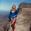 Placeholder: [Jason and the Argonauts (1963)] Stormy Daniels as super woman Bear in a blue costume, on a cliff