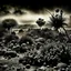 Placeholder: A striking quality photograph captures a wasteland with groups of plants, creepy, Amano, Audubon, Yves Tanguy, details of the dust very accentuated, glossy organic masses, adorned with minerals and rocks. Bathed in intense light, eerie, Max Ernst style, black sun, fog