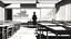Placeholder: monochromatic japanese classroom with a shadowy figure looking out the window holding a transparent key emanating glow that colors the surroundings, anime