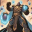 Placeholder: A commander in matte black robes with flaming eyes with grin with flaming light blue pupils stands atop a squire Two infinity gauntlets contain six infinity stones, one of which is made with nano In the hands of a powerful man walking While standing on a majestic height from afar