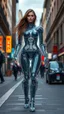 Placeholder: a photoshoot view fullbody all to feet beautifull Russian Supermodel long hair having humanoid body cyborg transparent visible glass shiny explore inside details machines mechanical parts,cool pose and walking city street