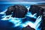 Placeholder: massive intimidating rock cliffs ascend all around and further up out of view. far below, the stormy ocean swirls intimidatingly. The ocean water falls off a waterfall down into a circular pit