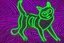 Placeholder: black background, outlines of a full-figure holographic cat, drawn from thin neon-coloured glowing lines