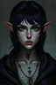 Placeholder: dungeons and dragons elf female warlock, gray skin, chin length ink black hair, dark gold eyes , mild scowl ,wears no makeup, black neck tattoos, dull lip color, has multiple simple silver ear piercings in each ear ,wears clothes made for clandestine night missions, portrait