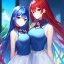 Placeholder: Clear focus, 8k, beautiful lighting, vibrant colors, girl, blue hair, long hair, vibrant red eyes, same twins, red hair, blue eyes,