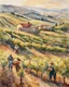 Placeholder: A sunlit vineyard with workers harvesting grapes against a backdrop of rolling hills. Watercolor, Post-Impressionism. Created in the style of Isabella Marconi.