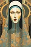 Placeholder: create an abstract cubist, deeply horrific, ethereal, darkly magical illustration of an epic martyred nun with highly detailed and deeply cut facial features, in the style of GUSTAV KLIMT, EDWARD BURNE-JONES, WILLIAM MORRIS, and KATHE KOLLWITZ combined with the comic art style of BILL SIENKIEWICZ and JEAN GIRAUD MOEBIUS, searing lines and forceful strokes, precisely drawn, inked, and darkly colored