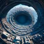 Placeholder: A cinematic, hyper-realistic digital artwork of a spiraling cityscape collapsing inward into an enormous circular chasm at its center.