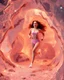 Placeholder: make a video pretty crystal cave covered with jewells and CIFI jewell lights and 3d recursive cubic and sphere base pearls and jwells a beautiful fashion model lady with cute,curvy hair,makeup, in pretty sports suit is running inside cave ,dynamic camera fallow her inside cave capturing full body, dynamic lights.