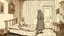 Placeholder: in front of the picture from the back, an old woman in a black and gray vintage villager dress and in a gray headscarf standsat the end of an old bed, on bed lies Evica a young woman with dark blond hair , bloody thighs and legs, you can see her face, the little old room, old, village environment, little light, shadow in the corner, dramatic atmosphere, high detailed, sharp focus, high realistic, thriller mood, perfect photo