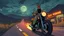 Placeholder: The kebab man driving fast on his holy motorcycle, fire from the exhaust, holy widescreen picture, holy empty road on the holy country at night, comic style, no helmet and he have a long holy black beard, neon kebab signs along the road, jesus stand at his market stand selling holy kebabs, simon stålenhag style, pixel art