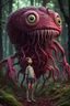 Placeholder: Rare parasite creature holding a girl meanwhile many worms streaming from his eyes in the forest, fullbody, macro photography, darkred tones,high detailed, 3d pixar disney the cinematic FKAA, TXAA, and RTX graphics technology employed for stunning detail.