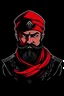 Placeholder: Young faceless Ukrainian warrior Cossack as a red logo on a black background.