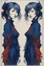 Placeholder: poster in two gradually, two girls, in symetric illustration by <Yoji Shinkawa> and <John Kenn Mortensen>, darkred and darkblue tones,