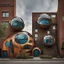 Placeholder: Set in a whimsical world inspired by steampunk and fantasy, the street is a blend of old and new with houses of postmodern design showcasing a mix of industrial and natural finishes. Curious individuals peer through the strange circular and spherical windows, their colorful outfits adding a vibrant contrast to the surroundings