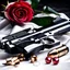 Placeholder: Revolver lying on a white silk sheet with bullets and a rose