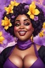 Placeholder: Create a abstract cartoon art style image of a plus size black female looking down with a smile on her face. Prominent makeup with hazel eyes. Highly detailed messy curly bun with a hair scarf tied on her head with large purple daffodil flowers surrounding her. 2k