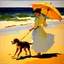 Placeholder: A young woman with an umbrella walks with a dog on the beach, 19th century, in the style of Joaquin Sorolla, light and color,