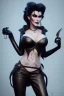 Placeholder: Amy Dumas as evil queen in black leather, leather, busty, cleavage, angry, rage, stern look. character design by cory loftis, fenghua zhong, ryohei hase, ismail inceoglu and ruan jia. unreal engine 5, artistic lighting, highly detailed, photorealistic, fantasy