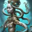 Placeholder: Sango fantasy, fantasy magic, intricate, sharp focus, illustration, highly detailed, digital painting, concept art, matte, art germ and Paul Lewin and Kehinde Wiley, masterpiece Japanese dancer head bronze octopus' Asian African girl nice breast Thai hair turquoise silver blue under water