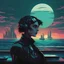 Placeholder: Ursala plotting dark deeds, in retro cyberpunk art style, background ocean