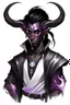 Placeholder: En Young male Black skin black hair tiefling White Wizard with large Black horns with a bit of Purple horns same size going from the front to the back. glowing Silver and White symbols