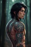 Placeholder: 3d anime style tattooed korean man, nice profile, attraktive handsome, medium long black hair, hot body, his body with geometric tattoos, deep dark colors, blur random forest background, highly detailed, dramatic vibe