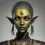 Placeholder: Generate a dungeons and dragons character portrait of the face of a young female Githyanki githyanki were tall and slender humanoids with rough, leathery yellow/green skin and bright black eyes that were sunken deep in their orbits. They had long and angular skulls, with small and highly placed flat noses, and ears that were pointed and serrated in the back side. They typically grew either red or black hair, which they styled in topknots. Their teeth were pointed.