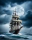 Placeholder: ultraralistic photography of pirates big sailing ship loosing control in storm with a stormy cloud foggy and big moon