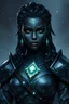 Placeholder: Please generate a female earth genasi cleric in the tempest domain for D&D. She should have dark, charcoal black-colored skin with glittering sparkles like gem dust. She should have lines marking her skin like cracks, showing glimmering gem-like veins and a faint glow. Her hair should appear carved of crystal. She should be in her mid-40s and fully-clothed in heavy armor and cleric robes.