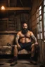 Placeholder: full figure shot photography of a 40-year-old turkish angry beefy tattoo very hairy sweaty worker sitting spread-legged in an old sofa inside a construction site shed, big shoulders, boots, dressed in bulging shorts,shirtless, stubble, big manly legs, hairy chest, serious eyes, midnight, dim neon lights illuminating and shine on the beards of sweat that fill his large chest, photorealistic , ambient occlusion, view angle from the ground