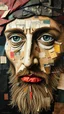 Placeholder: Bosch style painting , A face in details . The texture of the face is a collage of many peace’s of newspaper , pictures , and fabrics cut parts