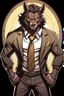 Placeholder: Buff, anthro, wolf, himbo, black fur, gold eyes, wearing a suit, full-body, muscles, strong, muscular, man boobs, bulky, tail, dark fur, smug grin, hands on hips, furry-himbo, broad shoulders, wide hips,