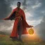 Placeholder: dungeons and dragons, monk, black, african, portrait, face, close up, cloak, clothes, cape, brown fabric, sunset, red sun, single person, red sky, hood