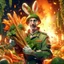 Placeholder: victory portrait of crazy cook army officer holding huge carrots rockets inside grove with fluffy hare with mutations getting blasted by explosions, 4 k, down-light, soft light, depth of field, photo realism, trending on art station, high detail, spray paint