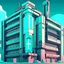 Placeholder: cyberpunk retro futuristic hospital building with cross sign for comics