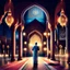 Placeholder: Hyper Realistic Man Praying & Ramadan Lights inside a beautiful mosque at night