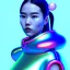 Placeholder: asian woman teenager, few freckles, gold teeth, padded coat, bubbles floating, retro futuristic, latex dress, gradient color, BLUE, PINK, CYAN, neon, insanely detailed, 16k resolution, perfect eyes, cinematic smooth, intricate detail