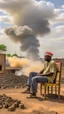 Placeholder: Sudanese man sitting on a chair , overseeing vast destruction and smoke