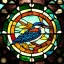 Placeholder: round coaster of kingfisher with stained glass window effect, highly detailed, intricate, warm colors, stained glass window, glossy from rain, warm lighting, dramatic lighting