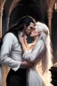 Placeholder: Strahd Von Zarovich being kissed by a beautiful woman with white hair, wearing an off the shoulder dress. Settling and background are a lavish toomb with an ebony coffin.