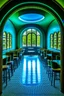 Placeholder: A restaurant whose outer walls are oval in shape, the color of the inside is blue, and its floor is light, with a bar table in the middle of the restaurant in the shape of an oval containing 30 chairs, and there is a door at the end of the restaurant