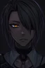 Placeholder: Dark skin anime male age 25 with orange eyes and goth style clothing hair covering one eye