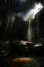 Placeholder: sun rays through dark clouds, portrait in weird angle of huge rock giant crying a waterfall in front of rock column on bumpy road in moist swamp planet , photo-realistic, shot on Hasselblad h6d-400c, zeiss prime lens, bokeh like f/0.8, tilt-shift lens 8k, high detail, smooth render, down-light, unreal eng