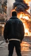 Placeholder: Man in a black bomber jacket, back to the camera, looking down a street, watching an explosion of fire and lights in front of him.