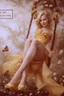 Placeholder: A blonde fairy in a short yellow dress playing on a swing, many daisies in the background of the image
