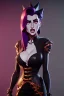 Placeholder: Rita Hayworth as evil queen in black leather, leather, busty, cleavage, angry, stern look. character design by cory loftis, fenghua zhong, ryohei hase, ismail inceoglu and ruan jia. unreal engine 5, artistic lighting, highly detailed, photorealistic, fantasy