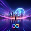 Placeholder: 3D infinity symbol ∞, infinity figure-of-eight symbol is totally-symmetrical and brightly coloured, man silhouette facing epic scene of building, glowing earth, water, network and lights, exotic, inspiring, fantasy, neon, friendly, beautiful, octane render, 8k post-production, artstation: award-winning: atmospheric: commanding: fantastical: clarity: 16k: ultra quality: striking: brilliance: liquid medium: stunning colors: amazing depth; lens: f/8, 28mm