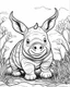 Placeholder: create a 2d black outline, "safari smiling cartoon rhino coloring book for toddlers", coloring page, low details design, black contour, coloring page design, simple background, colorful , card style, coloring page for kids, white background, sketch style, safari landscape, cartoon style