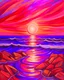 Placeholder: Create a painting in a figurative style of a sunset over the ocean, with a rocky dyke extending from the middle of the beach into the water. The sky is ablaze with warm tones of orange, pink, and purple, reflecting off the calm ocean surface.